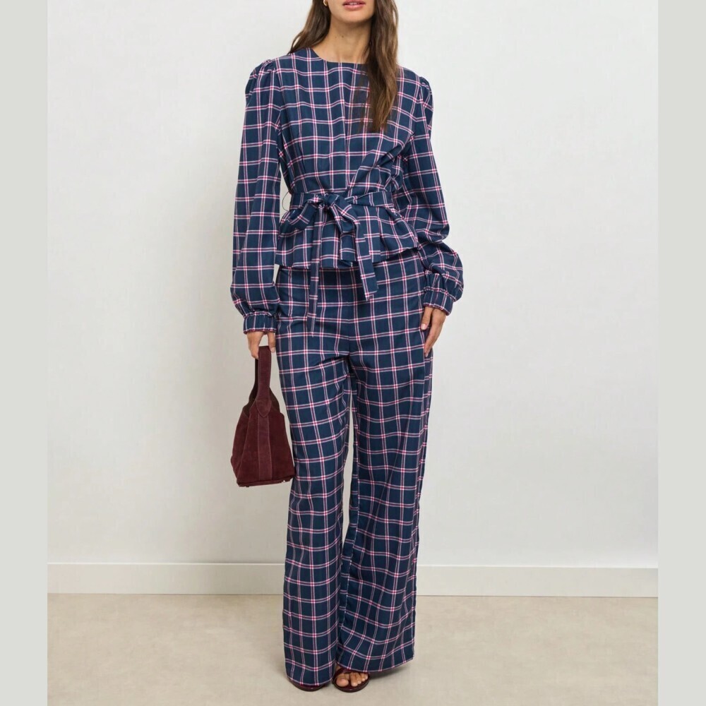 Navy Plaid Belted Peplum Blouse and Wide Leg Pants Pantsuit Set